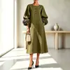 Vestido de Mujer de Longitud Media con Cuello Redondo, Botones, Color Sólido, Patchwork, Mangas de Linterna con Forma de Pétalo, Nuevo para Primavera y Otoño 2026, Transfronterizo Europeo y Americano
