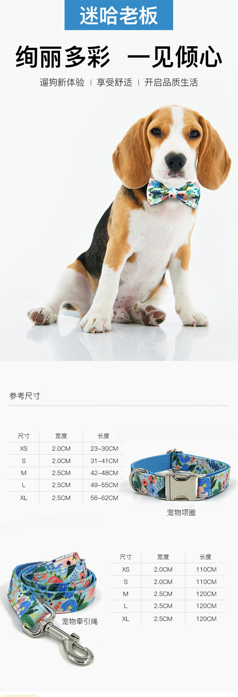 ins风狗项圈 时尚安全宠物狗圈领结印花牵引绳 可调节项圈遛
