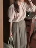 Tamaño actualizado. Cuello redondo simple y elegante con diseño plisado. Suéter versátil de color liso con mangas abullonadas, top de manga larga para mujer.