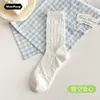 Meias com Etiqueta de Tecido de Renda para Mulheres, Meias de Cano Médio, Meias de Algodão para Primavera e Verão, Estilo Ballet Fino, Meias Longas Modernas Estilo Coreano e Japonês