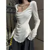 Camiseta Branca de Manga Longa Yinhe STUDIO Feminina, Top Fino Slim-Fit de Lã de Liocel para Início de Outono