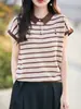 Nuevo Top de Manga Corta Rayado Bordado con Solapa Estilo Coreano Chic Adelgazante Transpirable Amigable con la Piel Versátil Capa Base para Mujer