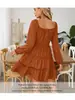 Nuevo vestido largo bohemio para mujer de estilo europeo y americano, con cuello cuadrado, cinturón en la cintura, bolsillos y volantes multicapa