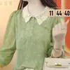 Camisa de verano para mujer de mediana edad y mayor, con cuello de muñeca que reduce la edad, nuevo estilo, color verde que hace que la piel luzca más clara, top de manga media
