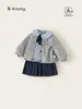 Roupa Bangxuan para crianças, conjunto de outono para meninas, estilo preppy, saia plissada, uniforme escolar para bebês meninas, conjunto de três peças para bebês e crianças pequenas