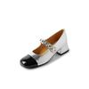 Cadena de Perlas Fumei Blancas Color Block Piel de Oveja Charol Mary Jane Primavera 2024 Tacón Medio Grueso Punta Redonda Zapatos de Piel Genuina Talla Grande 41