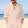 Nova Camisa de Linho Masculina de Manga Longa, Camisa Casual de Praia com Caimento Solto e Colarinho, Camisa Lisa de Manga Longa