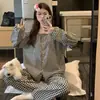 Pijama de Algodón Nube de Otoño para Mujer, Cárdigan de Cuello Redondo, Conjunto de Ropa de Casa de Manga Larga y Pantalones Largos Estilo Coreano Ins de Dibujos Animados para Niñas