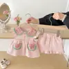 Conjunto de Algodão Puro para Meninas com Estampa de Melancia de Verão, Conjunto de Duas Peças com Blusa de Gola Boneca e Shorts, Roupa Leve para Casa para Bebês e Crianças Pequenas