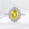Venda Quente Transfronteiriça Nova Moda Zircônia Diamante Quadrado Princesa Diamante Amarelo Anel Noivado Joias Femininas Imitação S925 Joias Atacado