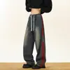 Calça Jeans Masculina com Listras Laterais em Gorgurão 2025 Inverno Novo Retrô Americano Lavado Tamanho Grande Solta Reta