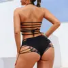 Conjunto sexy de dos piezas de lencería transfronteriza, top de tubo halter con tirantes calados, talla grande, body ajustado sexy con malla calada