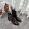 2026 Nuevas Botas Cortas de Punta Cuadrada para Mujer Primavera y Otoño, Botines de Tacón Grueso de Piel Genuina de Tacón Medio, Zapatos de Cuero con Forro de Felpa para Mujer Otoño e Invierno de Tacón Alto