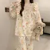Pijama Dulce de Primavera y Otoño con Diseño de Conejito de Dibujos Animados y Tulipán, Cuello Cuadrado con Encaje, Mangas Largas y Pantalones, Corte Holgado, Conjunto de Dos Piezas para Niñas en Casa