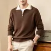 Venda Quente Transfronteiriça Moda Clássica Suéter de Tricô com Zíper Meio e Gola Lapela Masculino Fio Fino Tricô Fio Fino Venda Direta da Fábrica