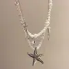 Colar Choker Elegante de Metal Estrela do Mar Pérola Doce e Fresco Colar Dupla Camada Feminino para Férias na Praia
