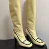 Botas altas retro de cuero genuino transfronterizas para mujer, punta en forma de C, hebilla de color contrastante, cremallera trasera, tacón de aguja, zapatos de talla grande para mujer para exportación