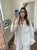 MOERSHOP Camisa de Lino-Algodón con Rayas Verticales Blancas de Manga Larga, Concepto Retro Elegante, Top de Manga Larga con Retazos para Mujer