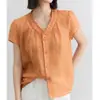 Camisa Naranja Retro Francesa Única con Cuello en V para Mujer Verano 2025 Nueva Camisa Holgada Adelgazante Top de Manga Corta Volante