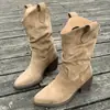 Botas apiladas de nuevo estilo para otoño e invierno para mujer de talla grande transfronterizas con tacón grueso vintage, botas de vaquero occidentales de gamuza hasta la pantorrilla con corte en V