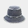 Sombrero de pescador de mezclilla retro lavado británico de doble cara para mujer, versátil para primavera y otoño, estilo callejero deshilachado, sombrero de cubo a la moda con protección solar