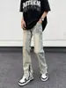 Jeans de Cremallera Dividida Teñidos de Barro Amarillo para Hombre Rasgados Estilo Americano Retro High Street Borde Desgastado Pantalones Rectos para Hombre
