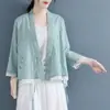 Blusa de algodón y lino de manga tres cuartos para mujer, estilo chino, bordada, con botones diagonales, estilo Zen para té, corte holgado, en color rosa