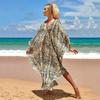 Camisa de Protección Solar para Playa Estilo Europeo y Americano Gris-Marrón Estampada Tejida al Frente Vestido para Vacaciones en la Costa Cubre Bikini