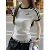 Camiseta de Verano para Mujer de Manga Corta a Rayas Niche Vintage Ajustada Versátil Camiseta Básica Estilo Americano Chica Picante