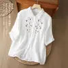 Camisa artística de doble capa de gasa de algodón estilo bosque de verano para mujer, corte holgado con flores bordadas, algodón suave, mangas de tres cuartos