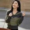Suéter de Tricô com Gola Azul Marinho para Mulheres, Pulôver de Seda e Lã, Novo Estilo de Primavera, Estilo Casual e Relaxado, Camada Base Emagrecedora