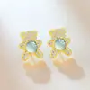 Novos Brincos Super Fofos em Formato de Urso com Incrustação de Jade Natural, Pequenos e Delicados, Brincos Adoráveis, Joias de Jade Estilo Antigo Banhadas a Ouro