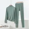 Conjunto de calça e blusa de manga longa sem costura, gola alta fina em modal, tamanho grande, solto, casual, confortável para usar em casa, conjunto de duas peças
