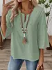 Blusa feminina de malha de manga três quartos, cor sólida, decote V pequeno, com renda, estilo solto, para primavera/verão, comércio exterior europeu e americano da Amazon