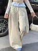 Jeans blancos de pierna ancha de cintura alta, estilo carpa moderno para mujer, con un diseño único de patchwork, nuevo estampado de leopardo, corte holgado y un popular estilo de pierna curva, perfectos para la temporada de regreso a clases
