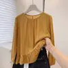Camisa Amarela Raglan Manga Longa Feminina 2026 Outono Inicial Novo Estilo Tamanho Grande Meninas Cheinhas Top com Barra Franzida que Cobre a Barriga