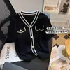 Top de punto con cuello en V y manga corta estilo Chanel para mujer, elegante y juvenil, chaqueta con bloques de color nuevo para el verano 2025