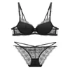 Conjunto de lingerie sexy de renda transfronteiriço para mulheres, decote V profundo estilo francês, realce para seios pequenos, conjunto de sutiã push-up com suporte lateral