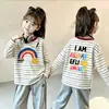Camiseta de Manga Longa 100% Algodão para Meninas 2026, Nova Cor de Bloco Listrada de Manga Longa Estilosa para Crianças Mais Velhas