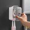 Dispensador de Pasta de Dientes Totalmente Automático Montado en la Pared Set Exprimidor para el Hogar Portacepillos de Dientes para Baño Sin Taladro