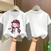 Camiseta de manga larga a rayas de algodón puro para niñas, estilo primavera y otoño, imitación de dos piezas, top de dibujos animados estiloso para niños mayores