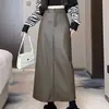 Falda de Cuero PU Retro Otoño Invierno 2026 para Mujer, Versátil, de Cintura Alta, Adelgazante, de Longitud Media con Abertura, Falda de Corte A que se Ajusta a la Cadera