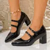Comercio electrónico transfronterizo, talla grande, colección nueva primavera/otoño 2026, zapatos Mary Jane de tacón alto para mujer, punta fina, tacón grueso, diseño de doble tira con hebilla, zapatos pequeños de piel