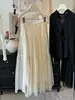Saia de Organza Camada Texturizada Plissada Franzida Slimming de Cintura Alta de Linha A com Pérolas de Moda de Luxo para Mulheres