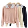 Cardigã de malha para mulheres outono e inverno Novo estilo preppy duas peças falsas cor contrastante gola polo manga longa top suéter curto para mulheres