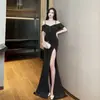 Vestido Elegante de Gola Baixa Ombro a Ombro, Slimming, Cintura Marcada, Longo, Estilo Francês, de Alta Qualidade, para Primavera e Outono, com Fenda