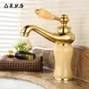Grifo antiguo de cobre para lavabo, caliente y frío, estilo europeo, dorado, de un solo agujero, grifo de lavabo, grifo de jade