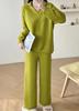 Traje de pantalones anchos de punto holgados de estilo coreano para mujer, otoño e invierno, nuevo, color sólido, suéter con cuello polo, conjunto de dos piezas