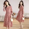 Vestido Longo de Outono Feminino Slim Estilo Francês de Alta Qualidade Acinturado Rosa Floral