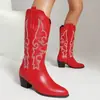 Botas de cuero de tacón alto para mujer para otoño e invierno, botas vaqueras de talla grande, punta redonda, versátiles, comercio exterior, tacón cuadrado